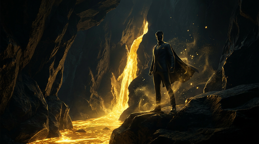 Hustle Until — a river of liquid gold light and a figure moving with the flow