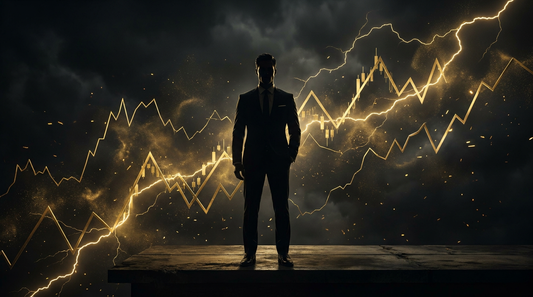 Hustle Until — a steady figure holding firm inside a storm of golden market lines