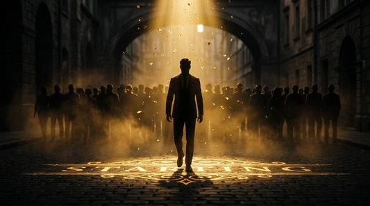 Hustle Until — one figure stepping forward from a crowd at a glowing starting line