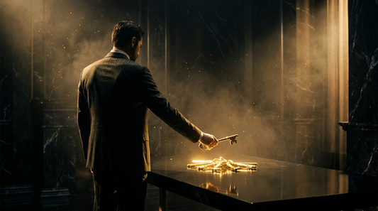 Cinematic dark-and-gold scene of an entrepreneur and a glowing golden key, symbolizing business ownership