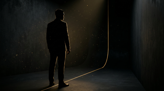 Lone silhouetted figure rim-lit in gold within a dark cinematic room — Hustle Until Daily Fuel.