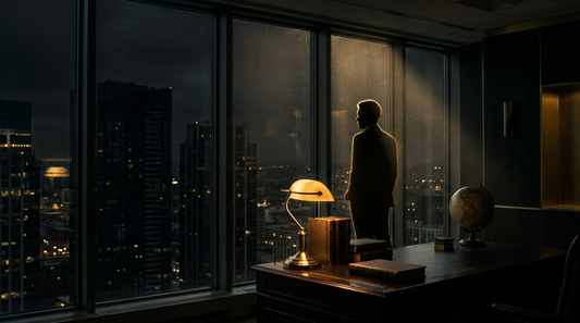 A lone entrepreneur silhouette at a window over a dark city skyline, lit by glowing gold light — dark cinematic and gold.