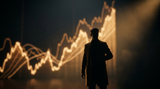 Dark cinematic gold scene: a calm, rim-lit silhouette standing before glowing golden light and rising graphs.