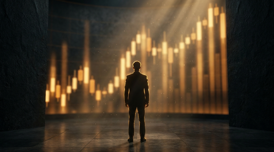 Dark cinematic gold scene: a lone rim-lit entrepreneur facing a towering wall of glowing golden market-chart light