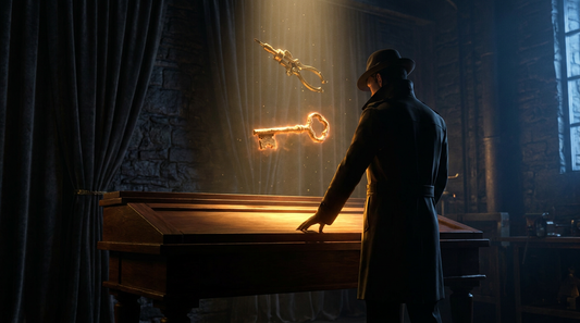 Cinematic dark-and-gold scene: a lone entrepreneur silhouette before a glowing golden workbench with a single radiant tool in a beam of warm light
