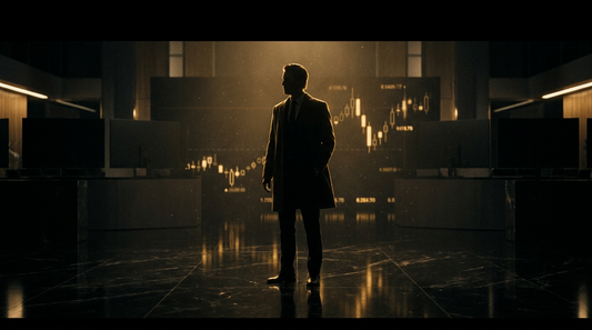 Cinematic dark-and-gold silhouette of a lone figure standing on an empty trading floor, rim-lit in glowing gold.