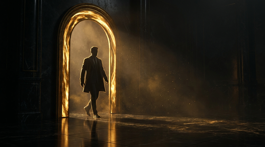 A lone entrepreneur stepping through a glowing golden doorway in a dark cinematic scene