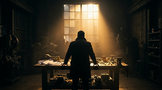 A lone entrepreneur rim-lit in gold, building in a dark workshop