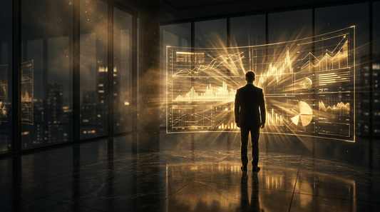 Dark cinematic gold scene: a lone entrepreneur silhouette before a glowing golden earnings board in a night trading room
