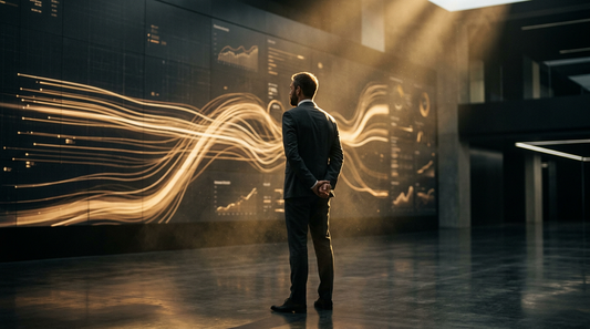 Cinematic dark-and-gold scene of a lone entrepreneur silhouette before glowing golden market light currents