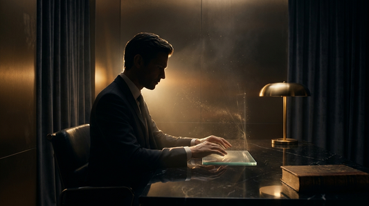 Cinematic dark-and-gold scene: a rim-lit entrepreneur at a glowing interface with gold light rising through the dark.