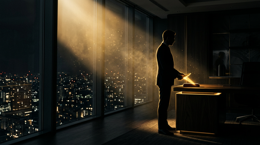 Cinematic dark-and-gold scene: a lone entrepreneur silhouette rim-lit in gold at a high-rise window at night