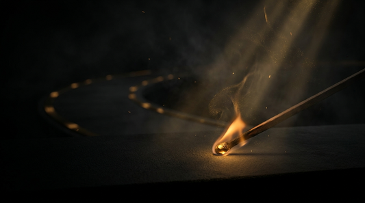 A single gold flame igniting against a deep black background — the first move.