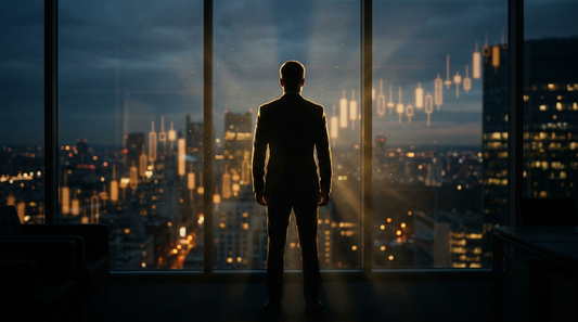 Rim-lit entrepreneur before a dark city skyline at pre-dawn, cinematic gold light — the calm before a decisive week