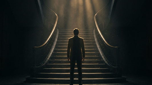 Dark cinematic and gold scene: a lone rim-lit figure at the base of a long staircase rising into shadow, gold light and drifting dust.
