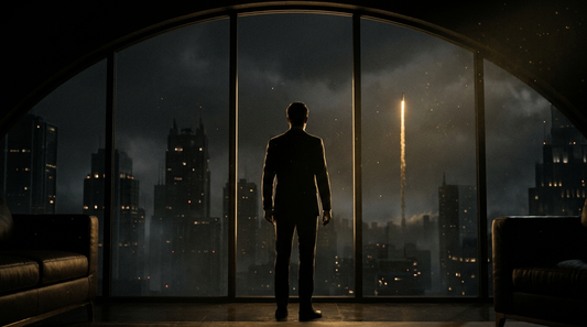 Cinematic dark-and-gold scene: a lone entrepreneur silhouette rim-lit in gold before a moody night city skyline