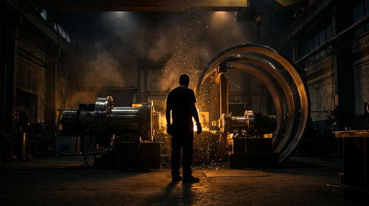 Cinematic dark-and-gold scene of a lone entrepreneur rim-lit in gold on a shadowed workshop floor