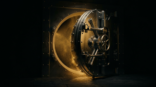 Cinematic dark and gold vault door with warm light spilling out