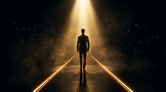 Dark cinematic and gold scene: a lone rim-lit figure at the end of a single golden beam of light cutting through darkness.