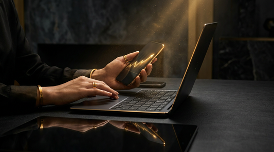 Cinematic dark-and-gold close-up of hands at a matte black desk, one on a laptop keyboard and one holding a phone showing a glowing gold upward chart.