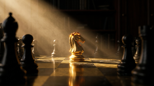 Cinematic dark-and-gold chess knight advancing to the next square