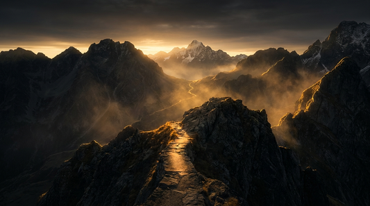 Cinematic dark-and-gold mountain summit at golden sunrise with a taller peak glowing beyond the ridge