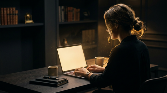 Cinematic dark-and-gold over-the-shoulder scene of a woman entrepreneur working late at a glowing laptop