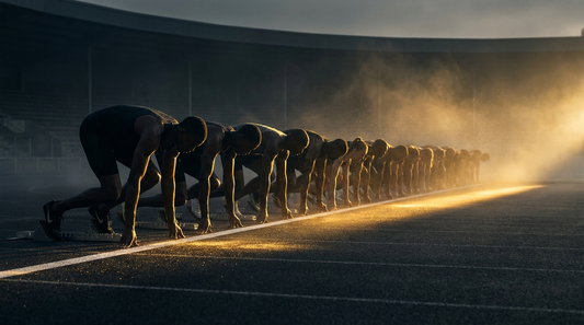Cinematic dark-and-gold scene of runners poised at a stadium starting line at dawn