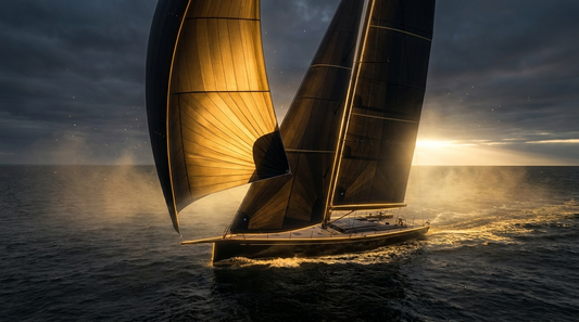 Cinematic dark-and-gold luxury scene: a sailing yacht's gold-lit sail catching a strong tailwind across dark water at dawn