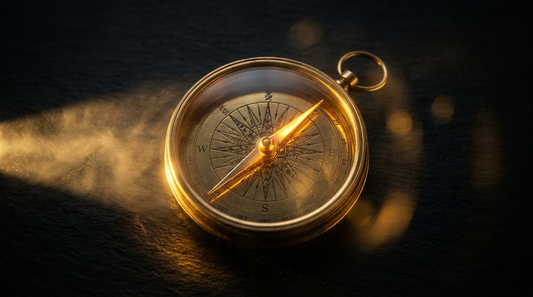 Cinematic dark-and-gold close-up of a brass compass with a glowing gold needle holding steady on north